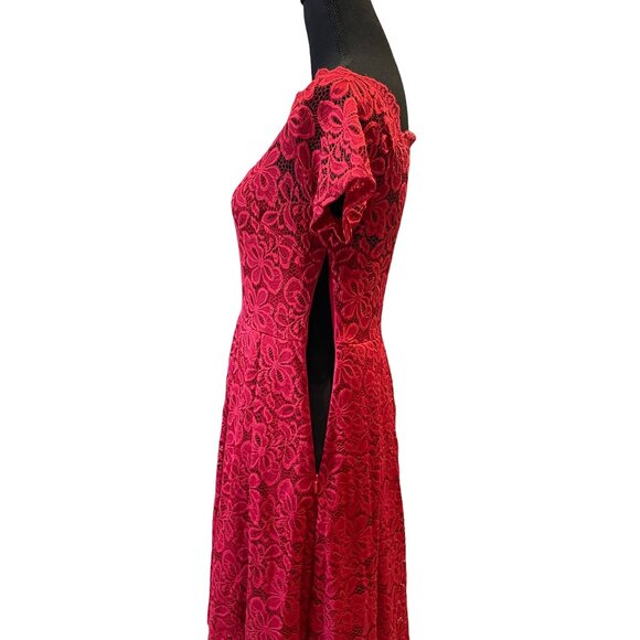 Red Lace Cocktail Dress - Retro A-Line Party Dress - Scalloped Neck Short Sleeve - Picture 6 of 8